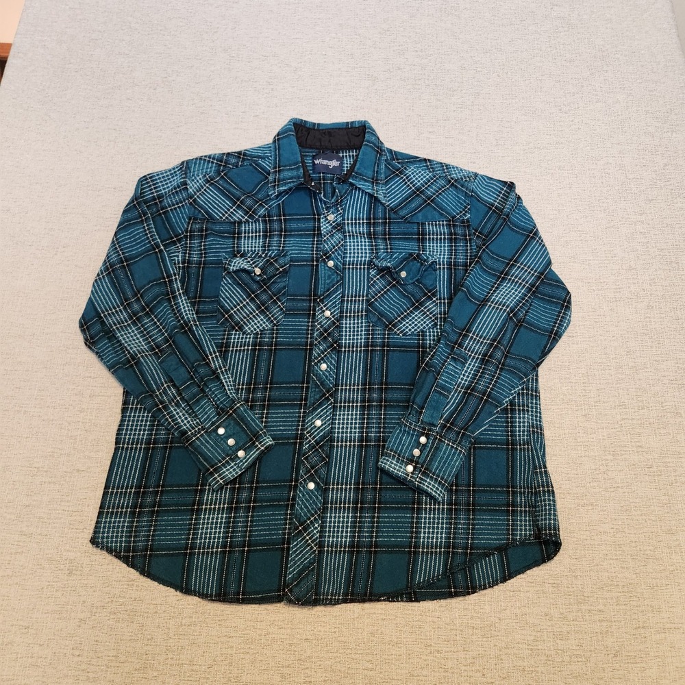 Wrangler Western Shirt Mens XL Teal Black Plaid Pearl Snap Flannel WTMH54193